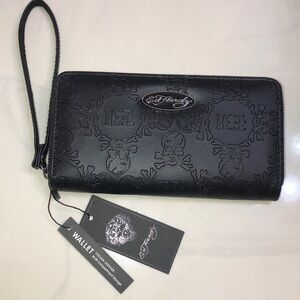 Ed Hardy Black Faux Leather ZA Wallet Embossed Skull & EH Logo Pattern NWT